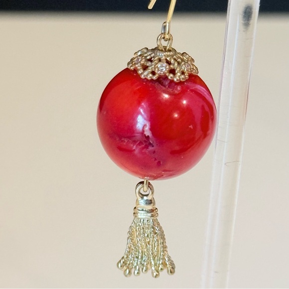 Vintage Style Red Ball & Gold Filigree Tassel Drop Earrings - Picture 3 of 5